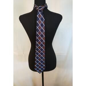 Vintage Jones New York 100% Silk Necktie Navy Brown Gray 56" Long Dry Clean